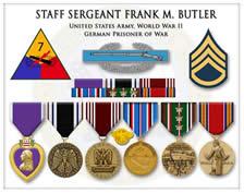 7TH Armored Division Patch, Combat Infantryman Badge, Staff Sergeant Stripes Purple Heart, Prisoner of War Medal, Army Good Conduct Medal, Honorable Discharge Lapel Pin, American Campaign Medal, European African Middle Eastern Campaign Medal with 3 bronze service stars, World War II Victory Medal